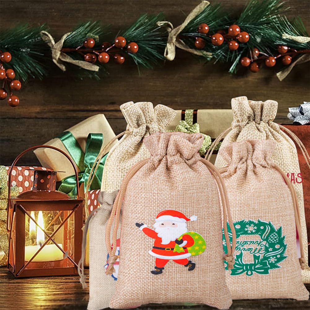 GreatRise 50 sztuk torebek z juty, 13 × 18 cm, na Boże Narodzenie, ze sznurkiem, klasyczne elementy bożonarodzeniowe, woreczki jutowe wielokrotnego użytku, do napełniania, torebki na biżuterię, na