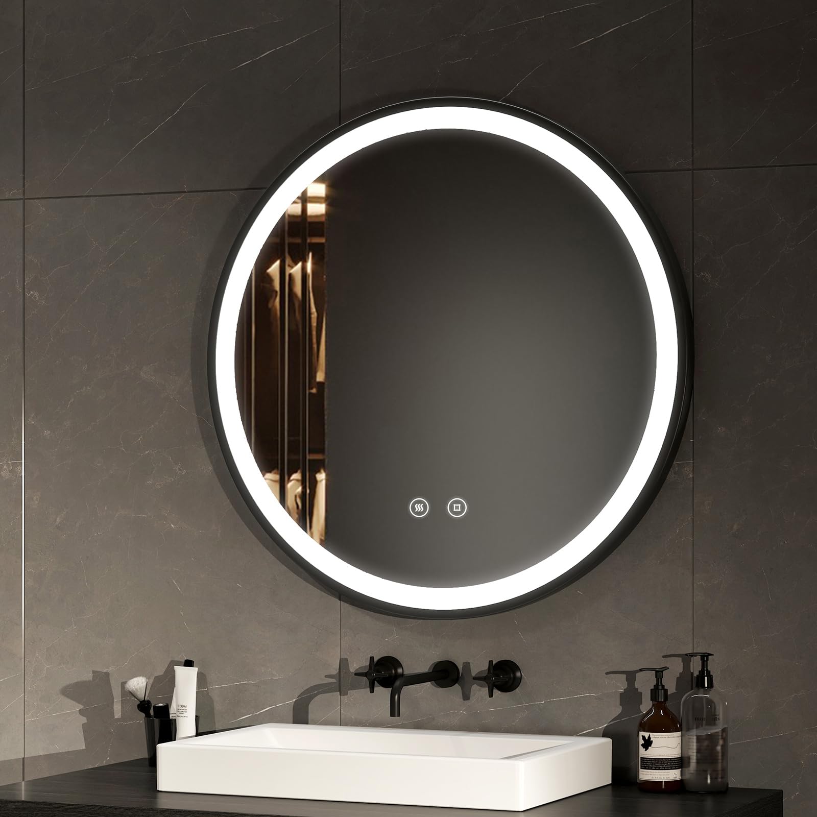 EMKE Espejo de baño Redondo 70 cm, Espejo Redondo Pared con luz, Interruptor táctil y función antivaho, Luz Blanca fría 6500K, Marco Negro y Correa Ajustable