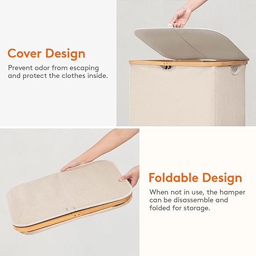 Miniatura 26 de Lifewit Cesta grande de 100 litros con tapa para ropa con asas de bambú y bolsa extraíble, plegable para dormitorio, baño, residencia universitaria