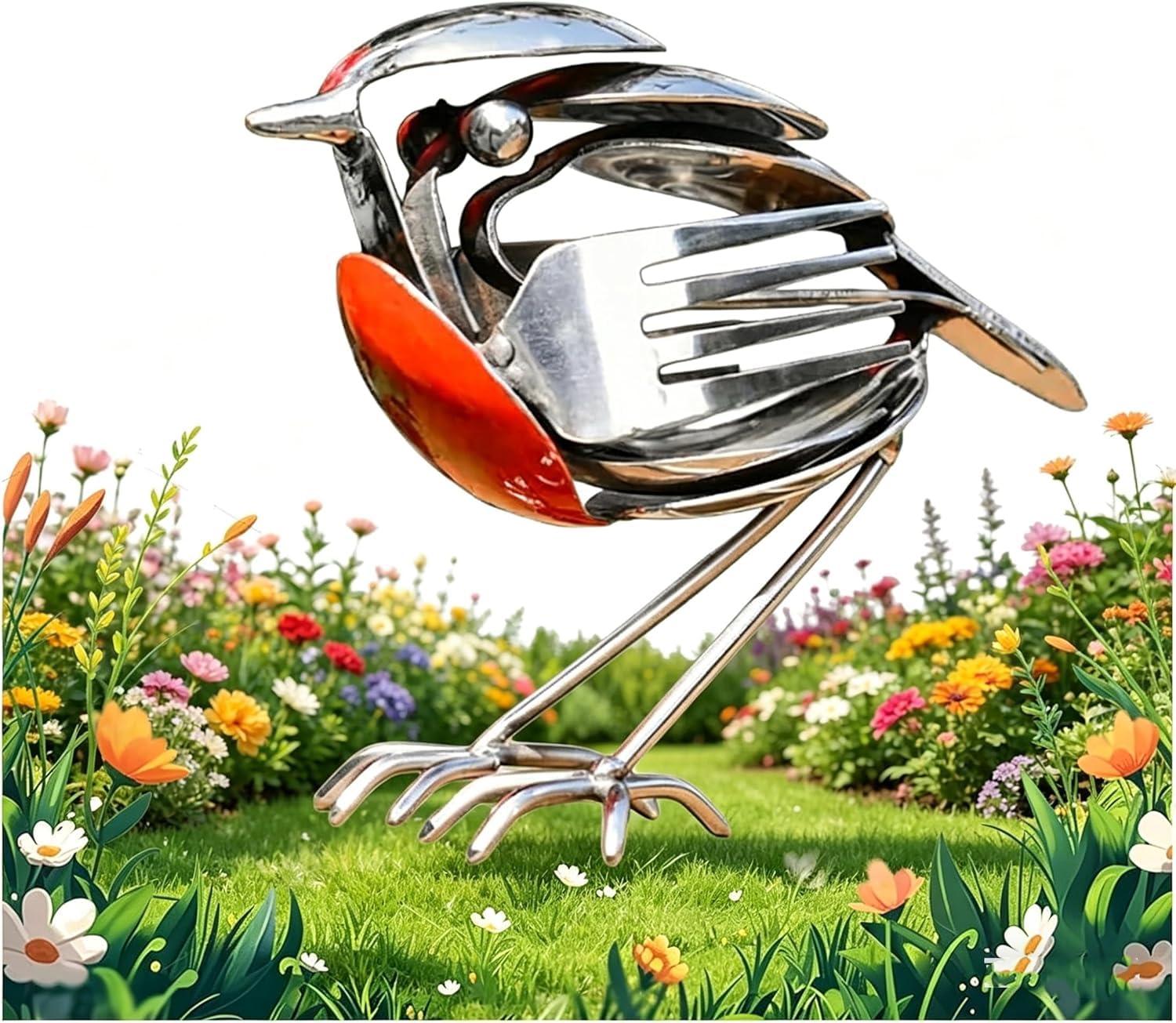 Cliffoflove 1Pcs Metal Robin Garden Ornament, Handmade Recycled Fork & Spoon Robin Bird Sculpture, Rustic Scrap Metal Bird Statue For Garden Patio Home Decor, Unique Gift For Bird Lovers (1Pcs)