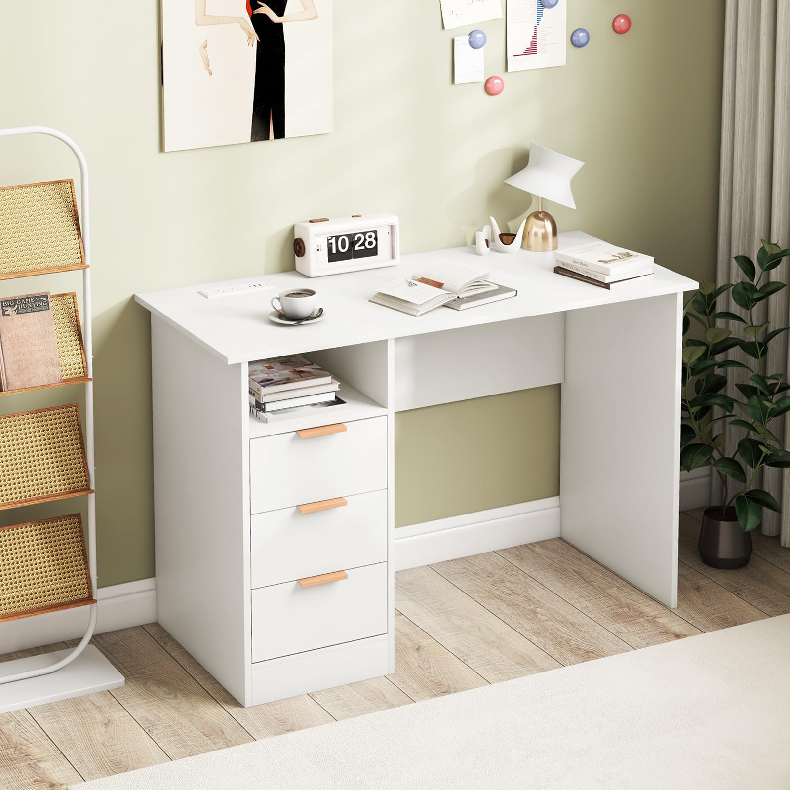 GIANTEX Escritorio de Ordenador con 3 Cajones Laterales y 1 Compartimento Abierto, Mesa de Trabajo con Estación de Carga, 108 x 48 x 76 cm, Escritorio para Dormitorio, Oficina (Blanco)