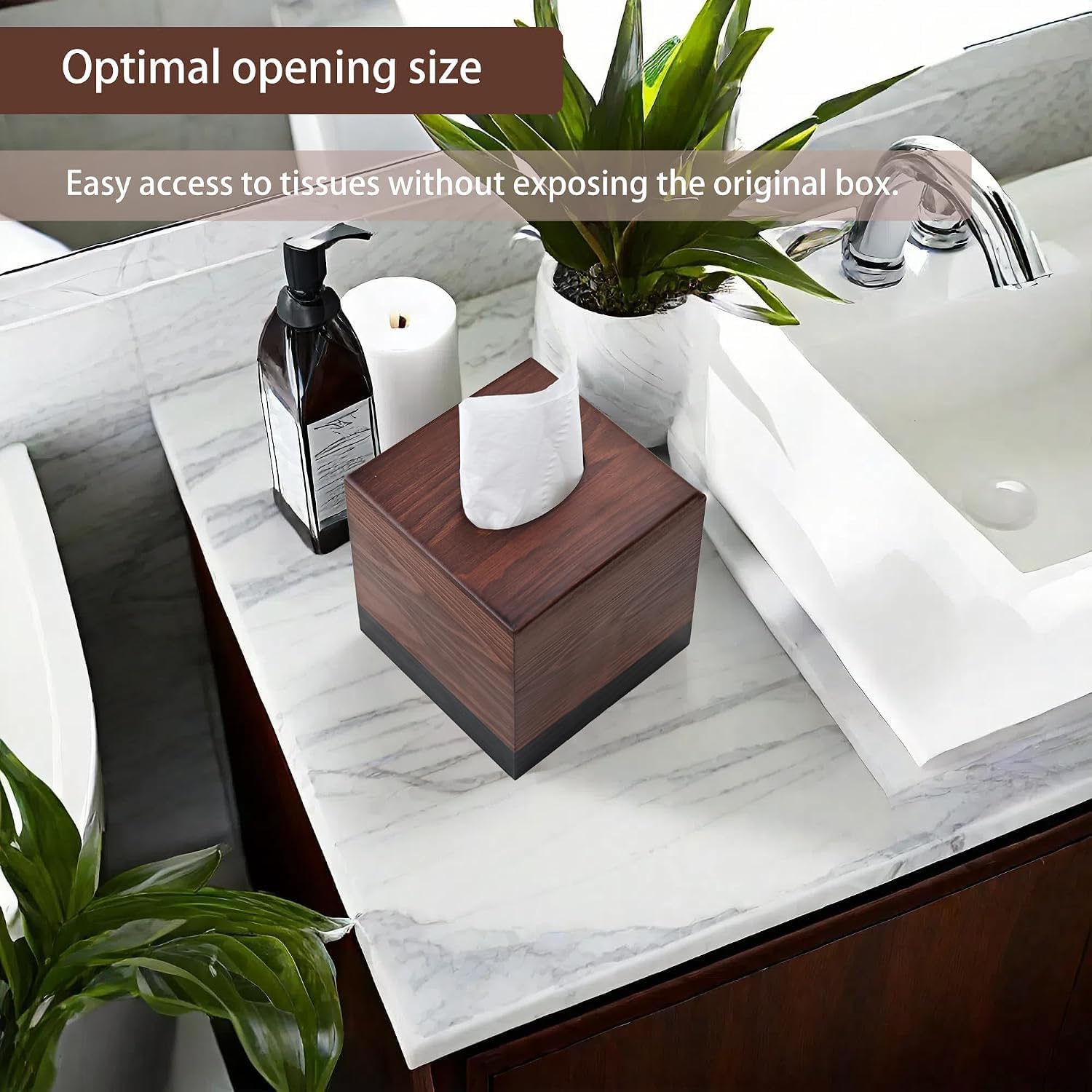 Square Tissue Box Cover, Wooden Tissue Box Holder with Slide-Out Magnetic Bottom, Pine Wood Tissue Box Cube for Bathroom, Bedroom, Nightstand & Table, 5.5 x 5.5 x 6.1 Inches