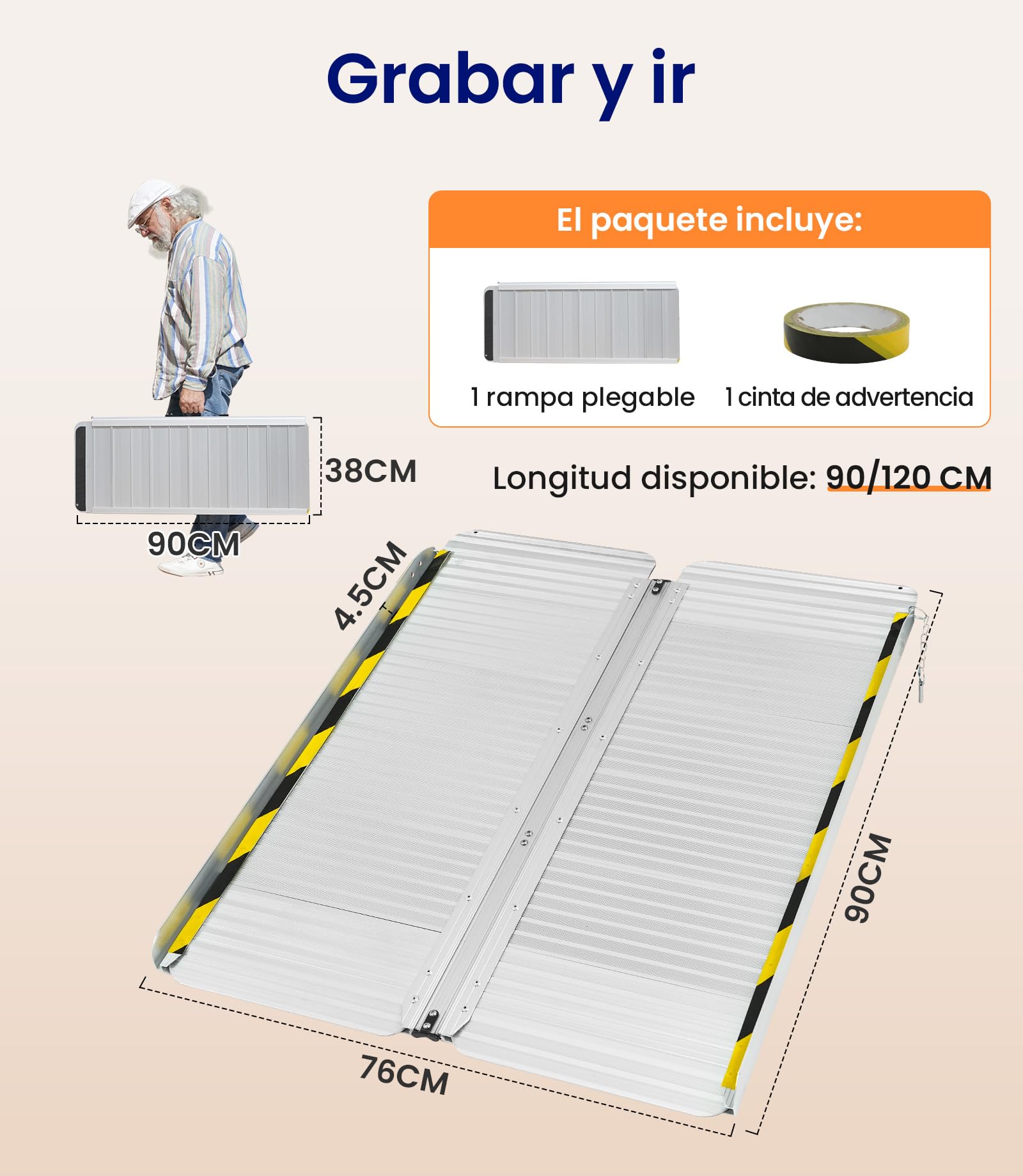 VOCIC CP32 Rampa plegable para silla de ruedas, 90 cm, para escaleras | Rampa de aluminio duradera hasta 300 kg para silla de ruedas, 76 cm, extraancha, ligera, adecuada para el hogar y el coche