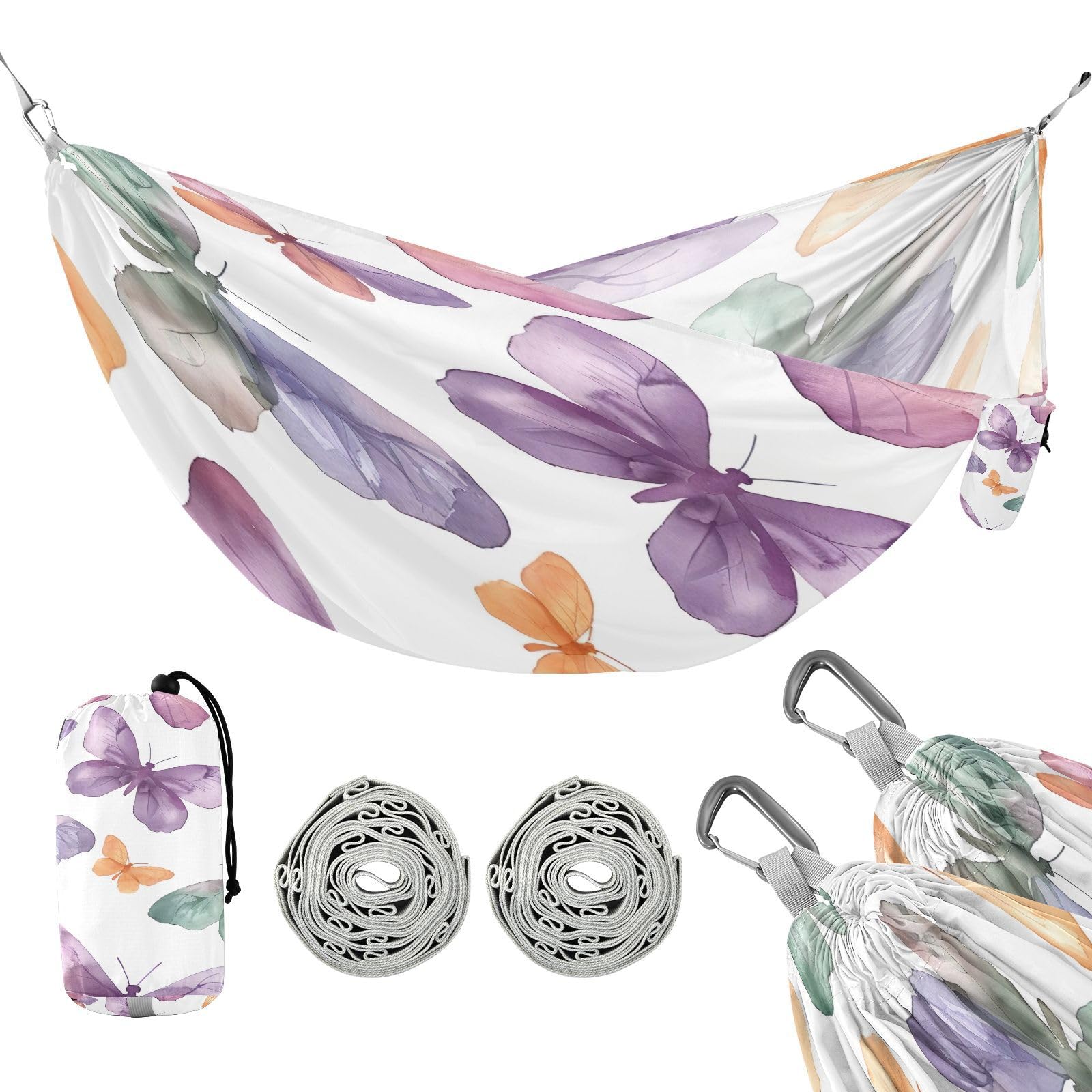 Kigai Colorful Butterfly Camping Hammock Durable & Portable Travel Hammock Holds 330lbs with Tree Strapsm, Pocket, Camping Accessories