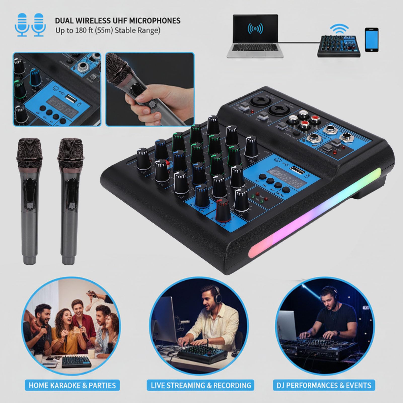 Topiky Set Microfonico Mixer Audio a 4 Canali con Doppio Microfono Wireless UHF, Scheda Audio Professionale Console di Mixaggio DJ, Console di Mixaggio RGB con Alimentazione 48V per