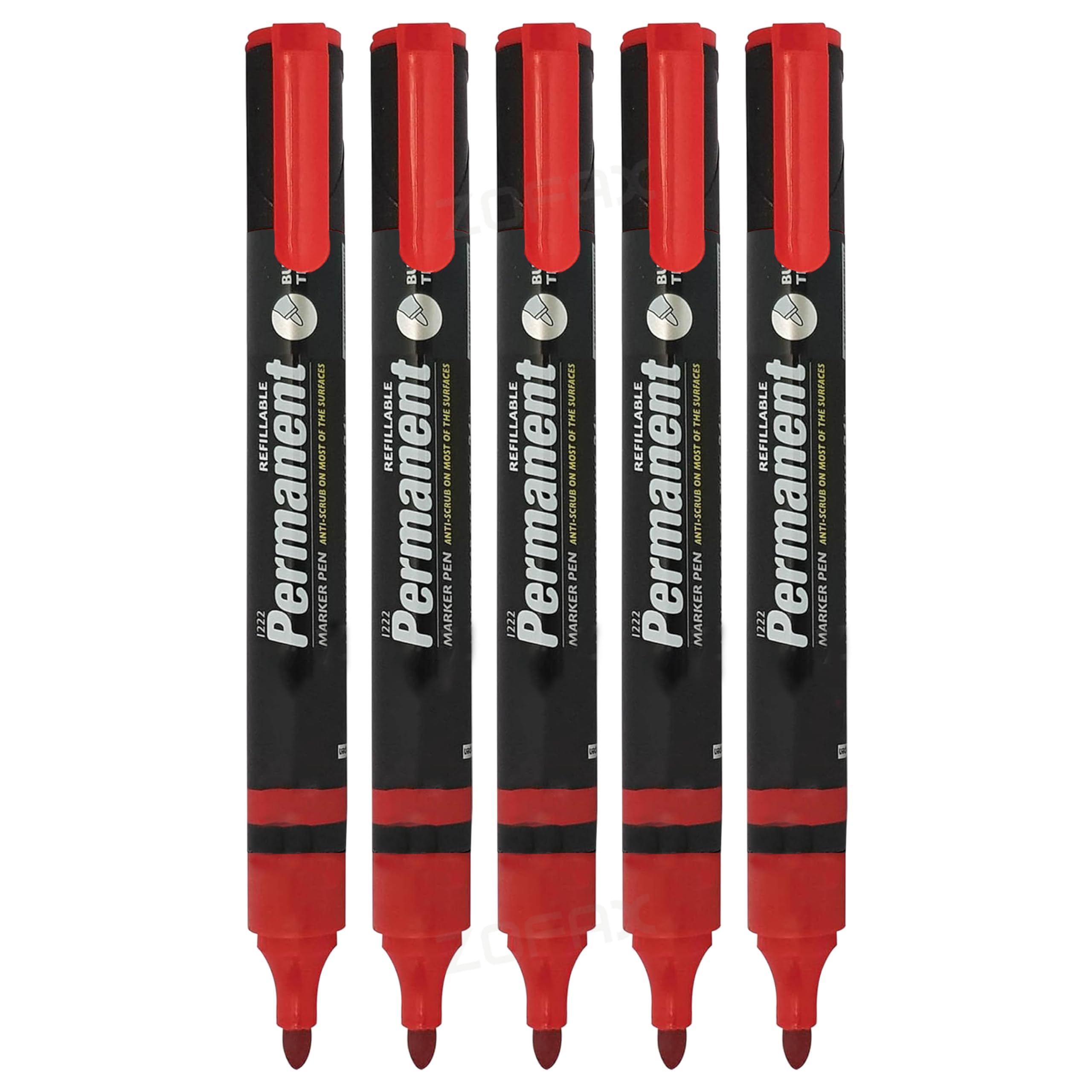 1222 Permanent Marker Pens, RED, Bullet Tip, Broad Point (2.0mm), Pack of 5, Multi-Surface Markers, Ideal for School Office Home Use, iZOFAX Black Ball Pen