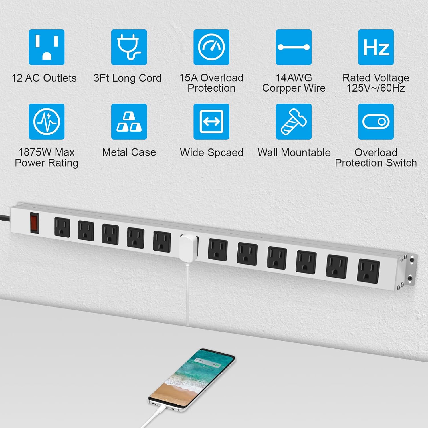 JUNNUJ Metal 16 Outlet Power Strip, Mountable Heavy Duty Power Strip, 1200J Surge Protector Wall Mount Screws Outlet with Switch, Gaming Desk Strips Wide Spaced 15A 125V 1875W, 3 FT 14AWG Power Cord
