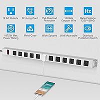 Vista 2 de JUNNUJ Metal 12 Outlet Power Strip, Mountable Heavy Duty Power Strip, 1200J Surge Protector Wall Mount Screws Outlet with Switch, Gaming Desk Strips