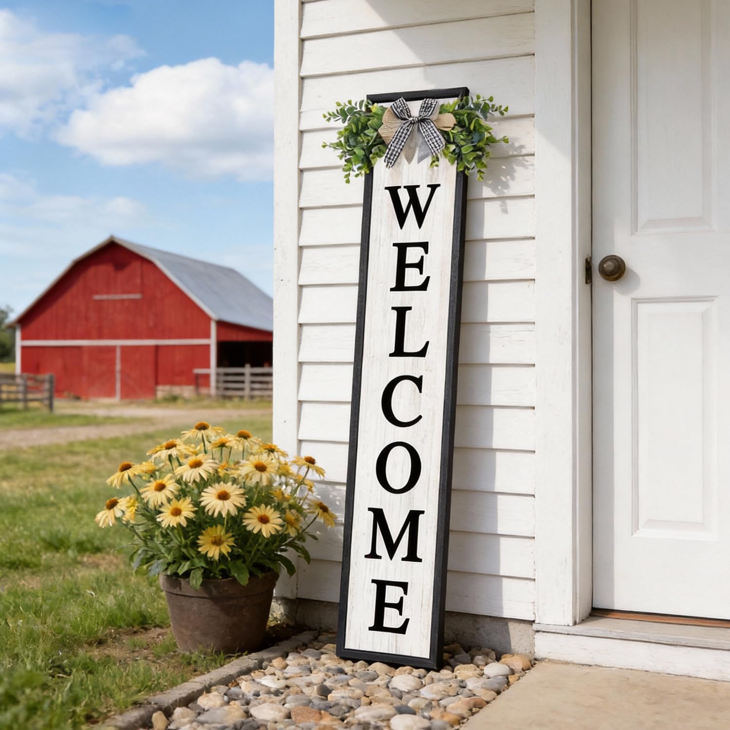 Double-sided Welcome Wooden Sign Stand with Magnetic-adhesive Wreath for Front Door, 47" Vertical Farmhouse Home Sweet Home Porch Sign, 2in1 Large Tall Porch Leaner Decor for Outdoor Patio Garden