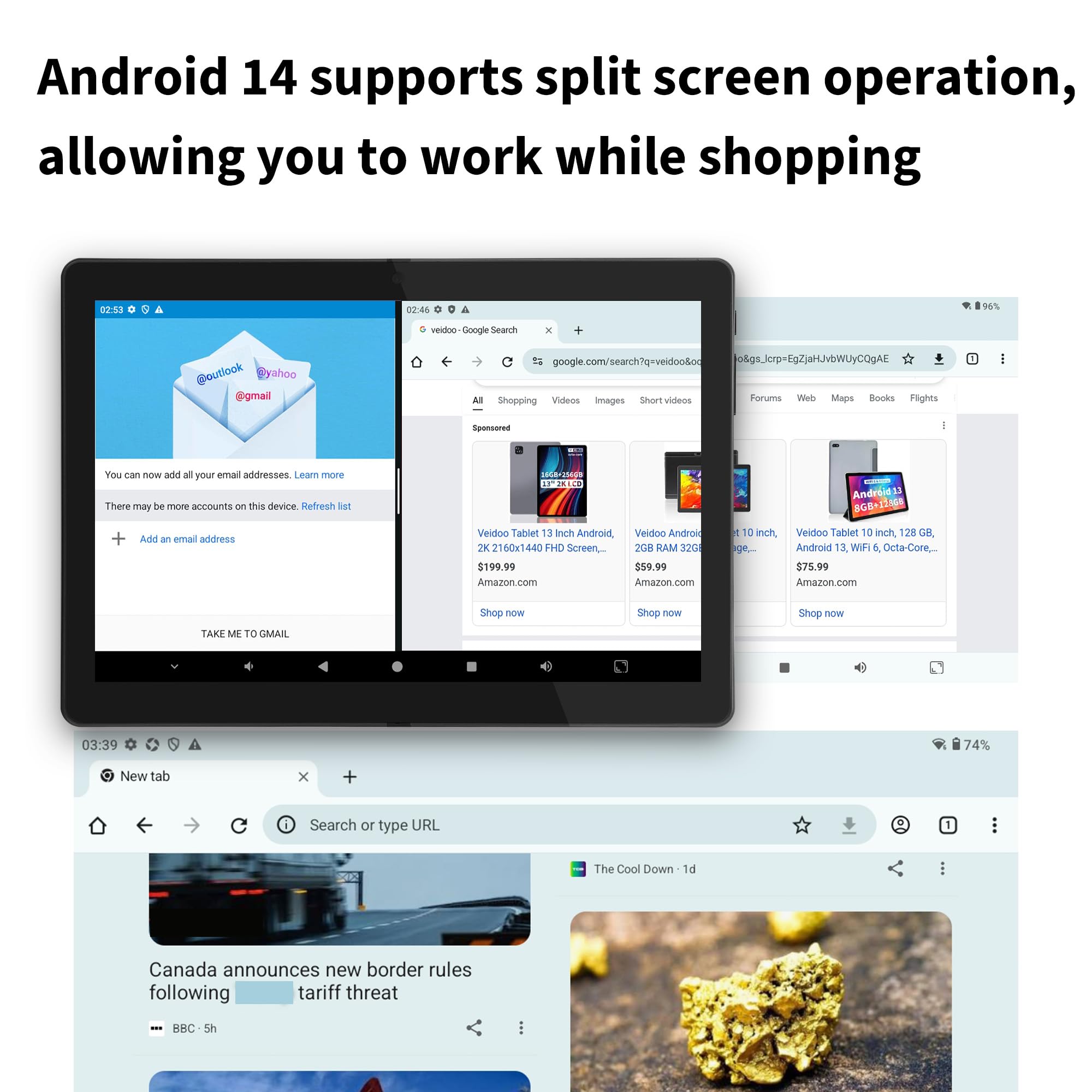 Veidoo Przenośny tablet z systemem Android 2 w 1 z klawiaturą, myszą i rysikiem, tablet 10,1-calowy ekran IPS HD z 7 GB RAM (3 GB+4 GB) 64 GB ROM, z możliwością rozszerzenia do 512 GB, procesor
