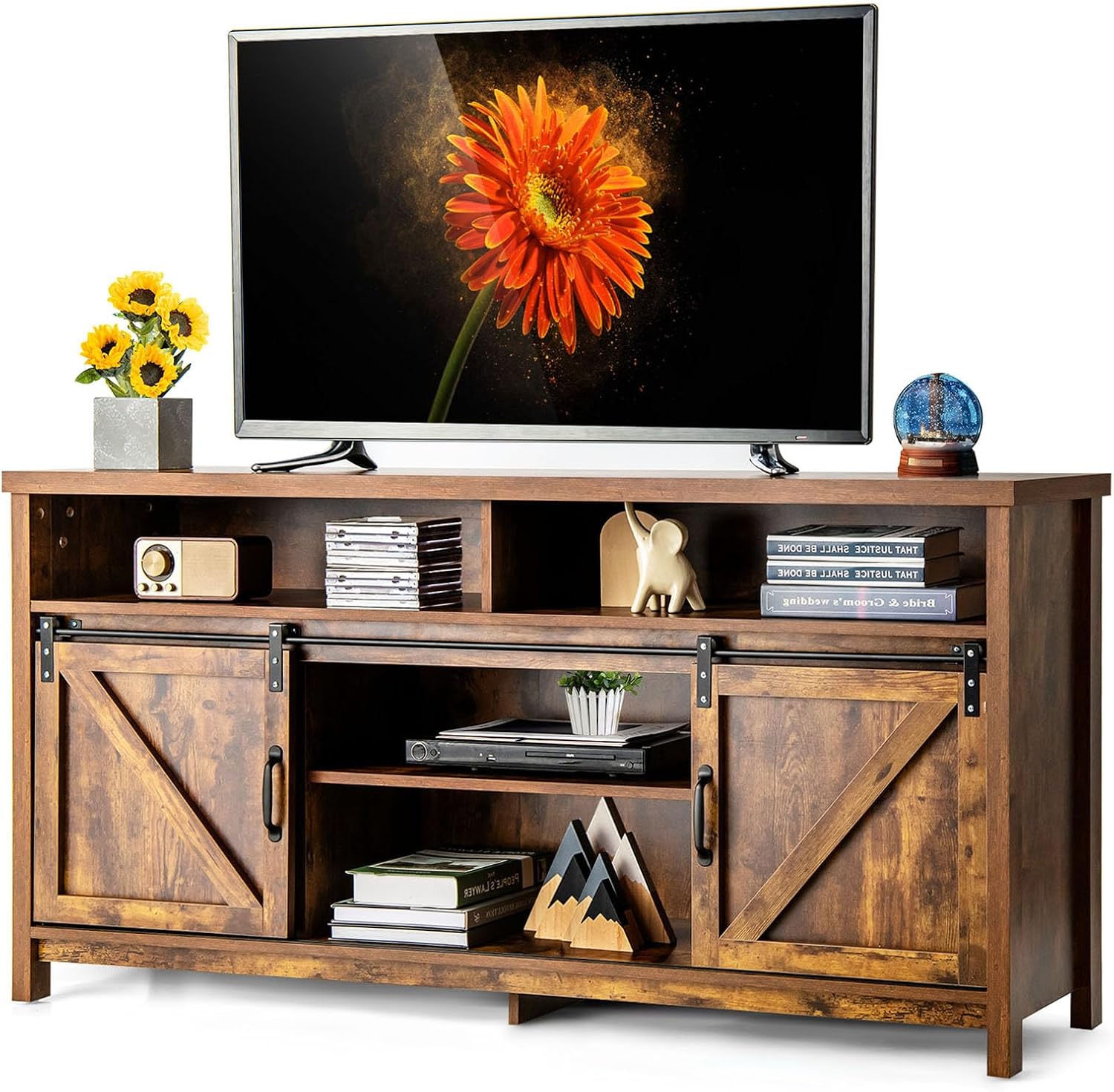 TV Stand Cabinet for 65 Inch TVs, 150cm Wooden Console Table TV Unit with Sliding Barn Doors, Adjustable Shelf & Cable Holes, Media Entertainment Center for Living Room Bedroom (Rustic Brown)