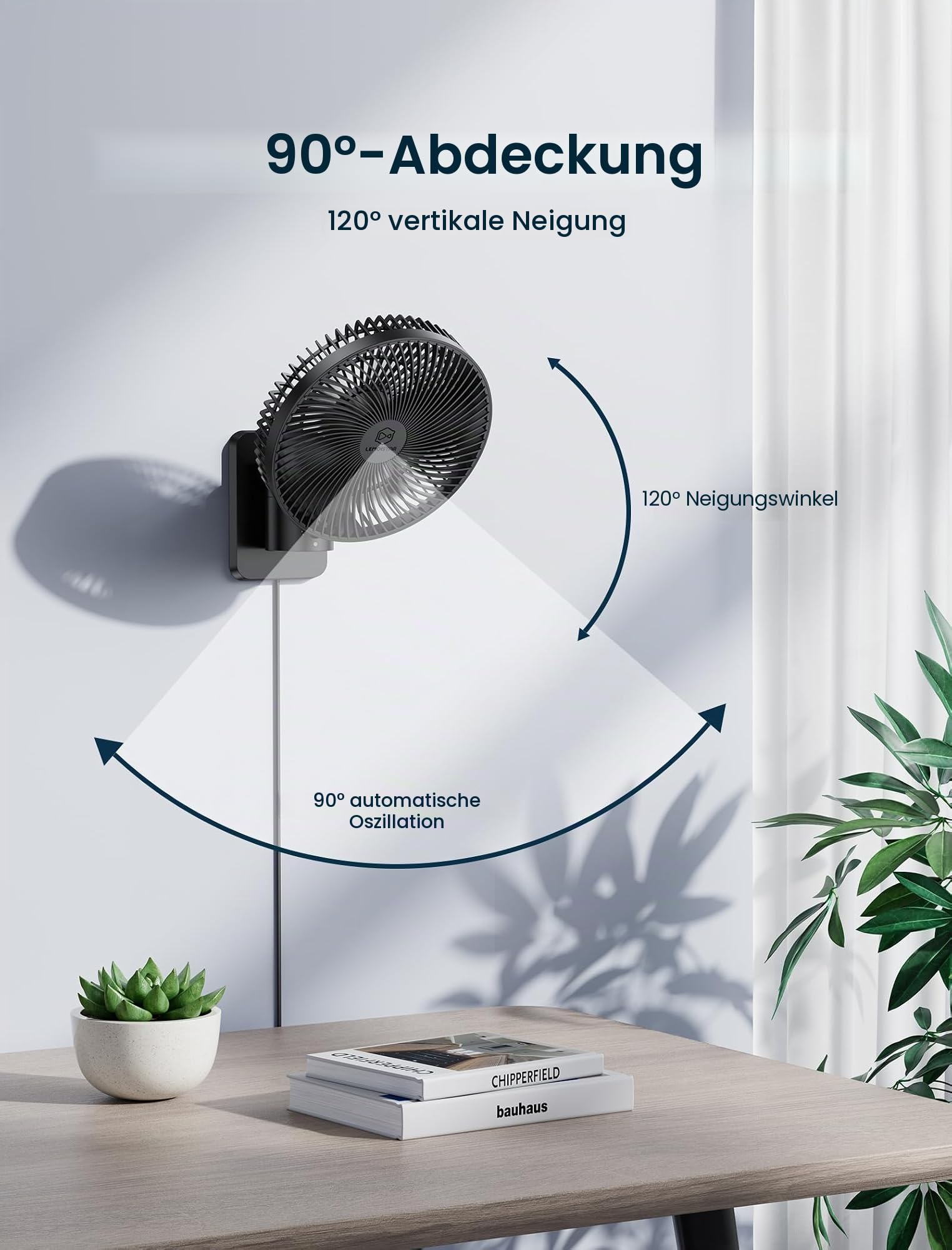 Leiser Wandventilator 8,5 Zoll mit Fernbedienung Timer 4-stufig einstellbar Neigung 1,8 m