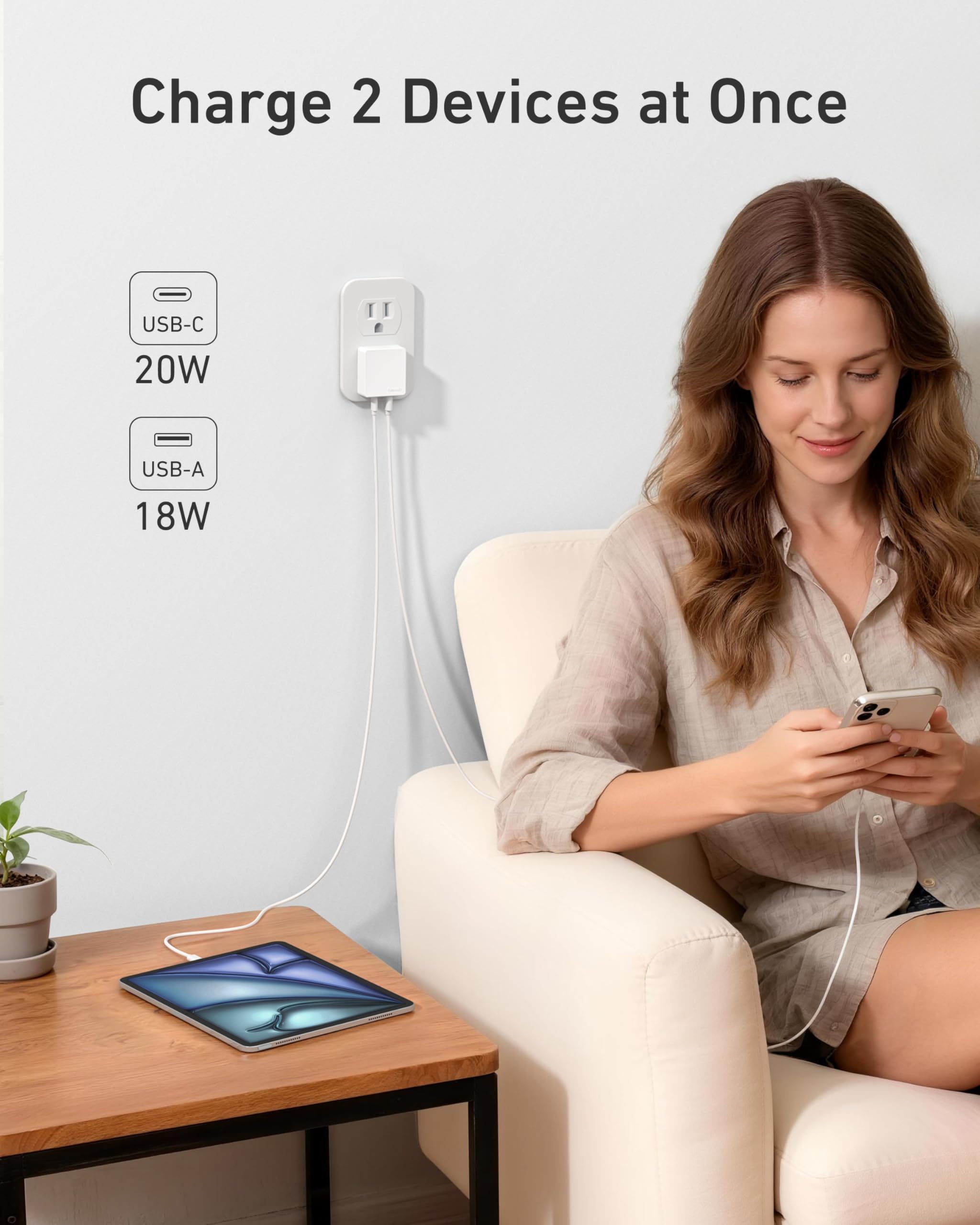 Nekmit - Caricatore da parete piatto USB C, caricatore USB veloce PPS a doppia porta da 45 W, spina da parete sottile USB C per iPhone 17/16 e altre serie, MacBook Air, iPad