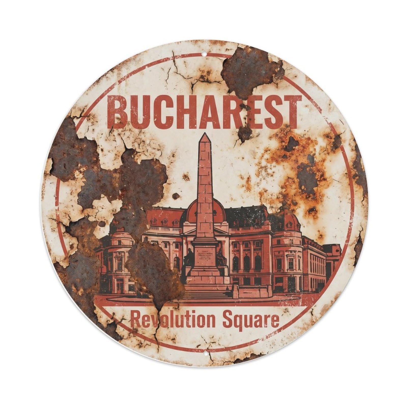 Vintage Travel Bucharest Revolution Landmark Metal Tin Sign