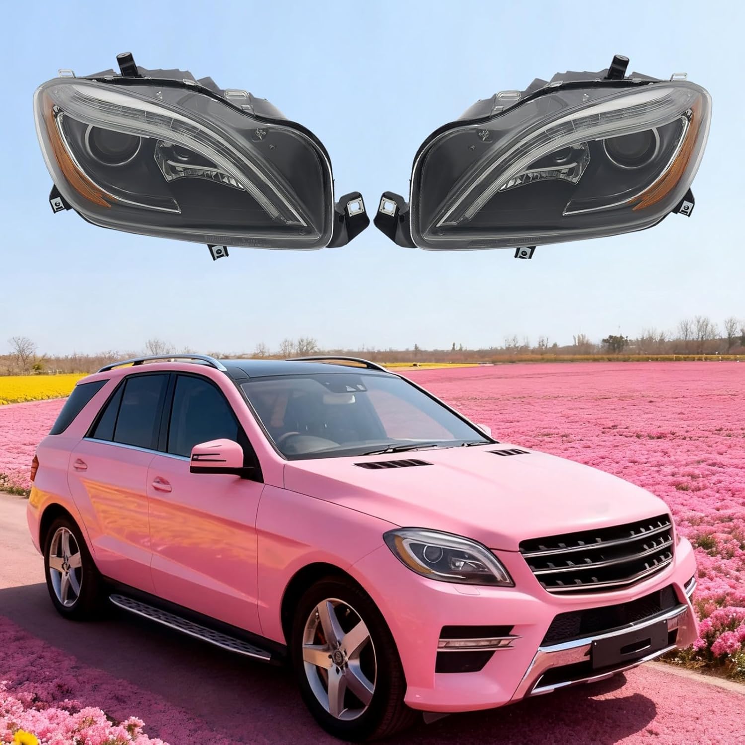 For 2012-2015 Mercedes Benz W166 ML350/ML63 AMG Headlight Assembly, Complete Pair Left+Right Headlights Direct Replacement with OEM Part# A1668207659/A1668205959 (Left + Right Headlight)