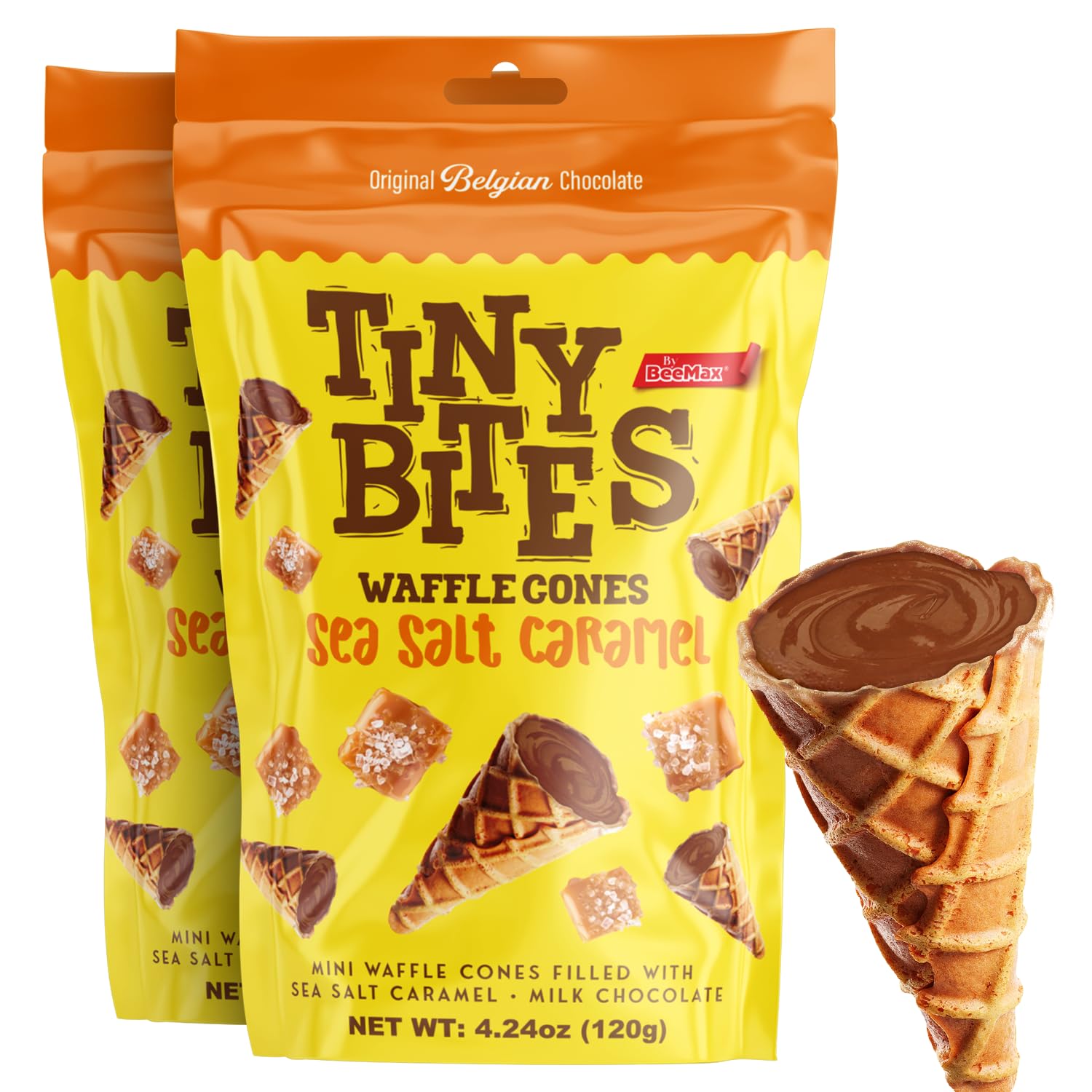 BeeMax Tiny Bites Crispy Mini Waffle Cones Treat - Premium Belgian Chocolate, 4.24 oz Bag - Bite-Size, Non-GMO, Perfect Snack, Desert or Ice Cream Topping (SEA SALT CARAMEL)