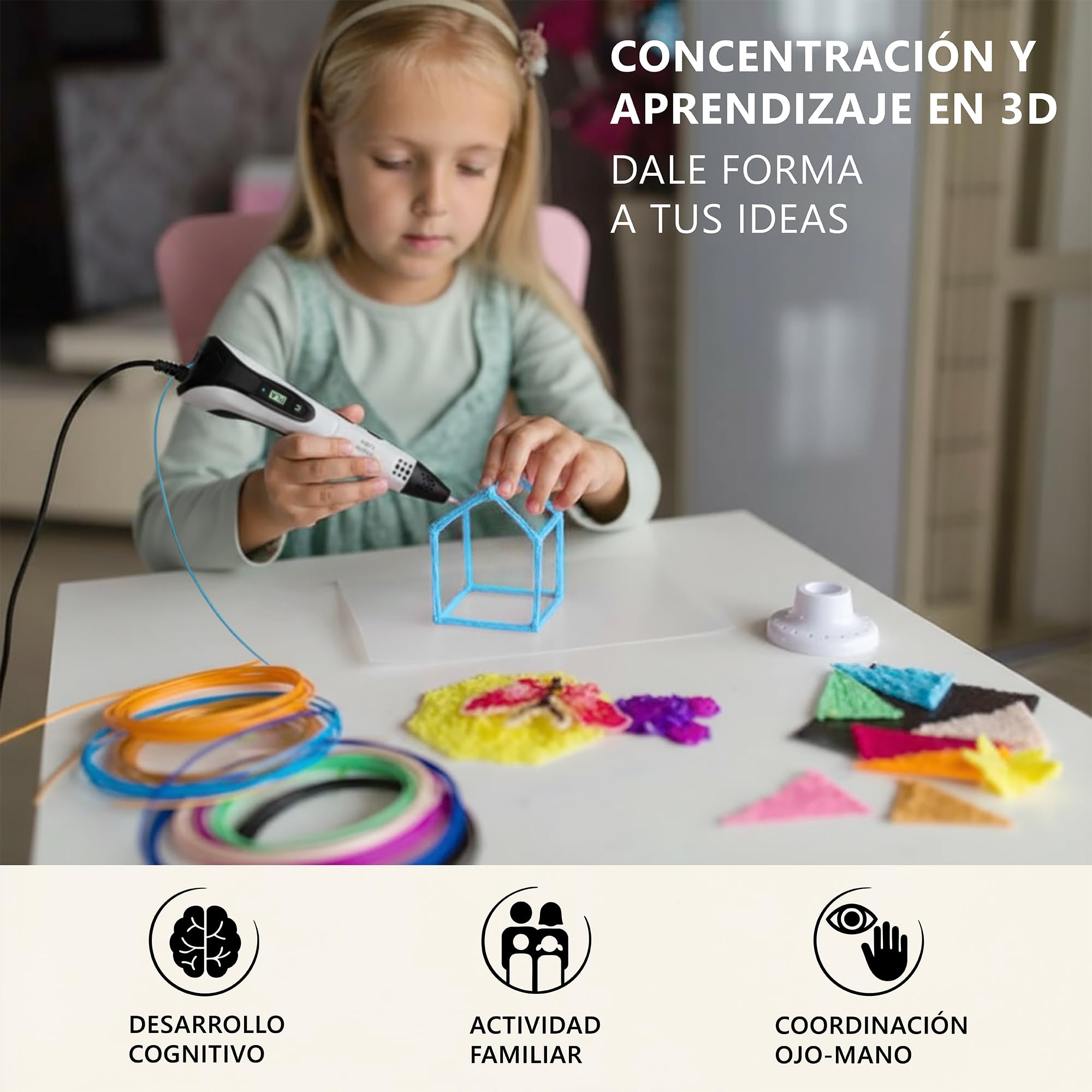 Boligrafo 3D Inspire Labs, Creatividad y Diversión para Niños y Adultos con Apagado Seguro, Base de Silicona, Modo Automático/Manual, 70 M Filamento PLA (14 Colores) + Guía en Español, Lapiz 3D