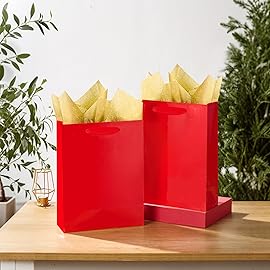 SHIPKEY 10 Pcs Luxury Red Bags with Tissue Paper, Gift Bags for Men, Groomsmen Proposal Bags 8x4x11in Kraft Paper Bags with Handles Bulk | Wedding Paper Bags, Red Gift Bags