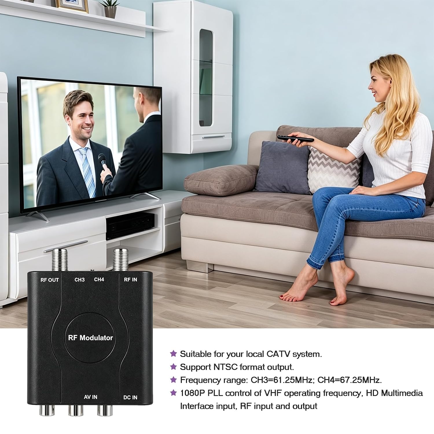 RF Modulater for TV, RCA AV to Coaxial RF Converter Adapater