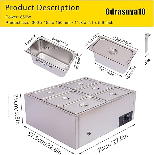 Miniatura 6 de Calentador de vapor eléctrico comercial de 850 W para fiestas, bufés con mesa de vapor de acero inoxidable de 6 ollas, servidor de buffet para