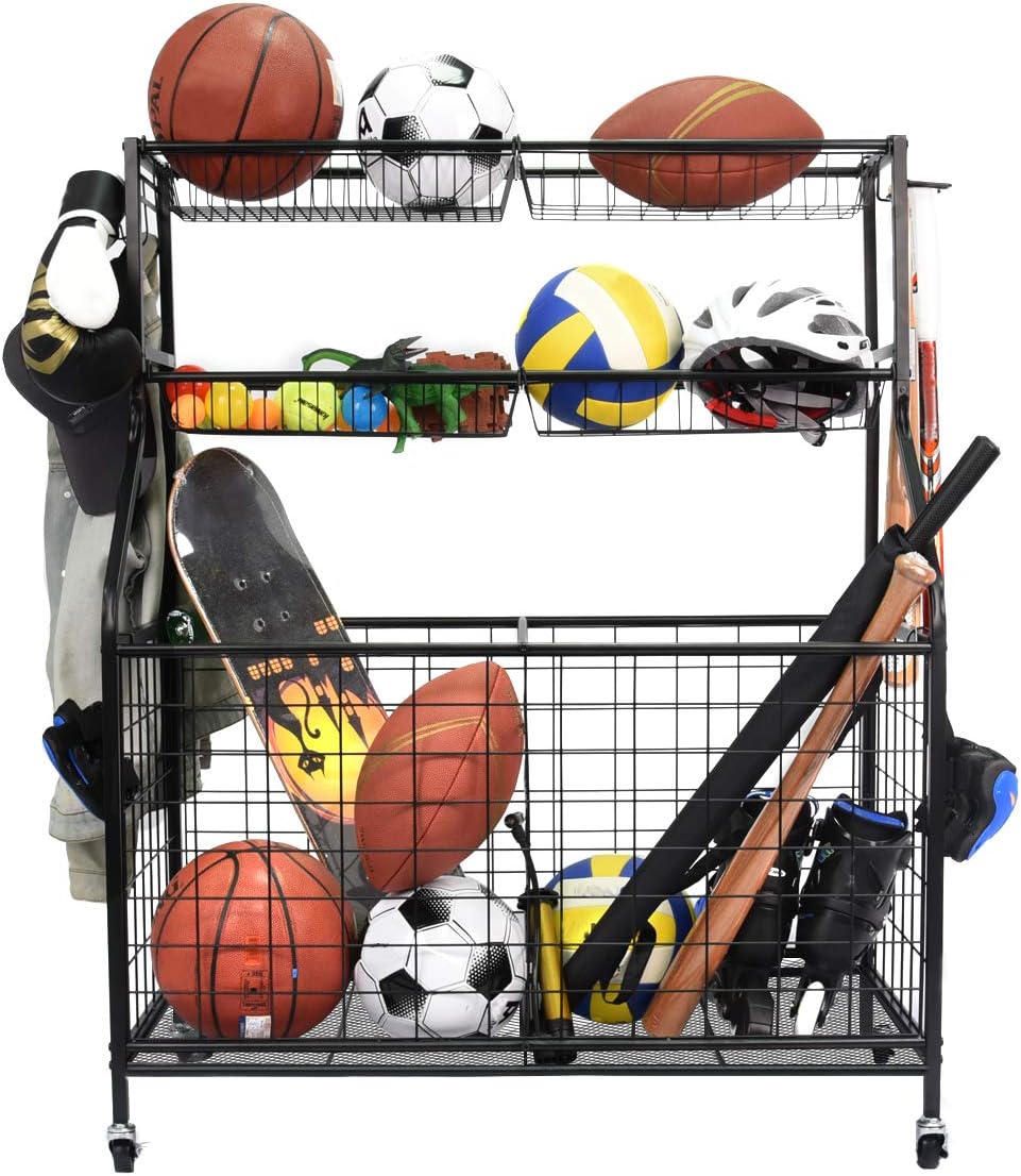 Rolling Garage Sports Ball Storage Rack and Gear Organizer