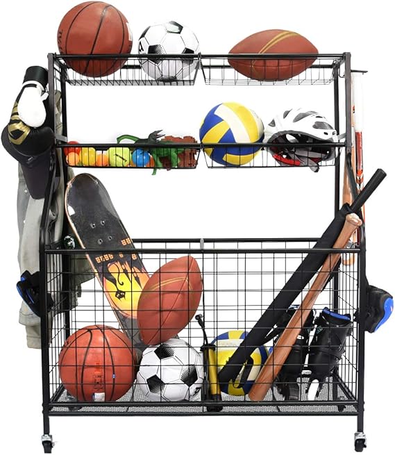 Kinghouse Sport Equipment Organizer for Garage, Steel Basketball Rack with Baseball Bat Holder and Hooks, Easy Assembly Storage for Balls, Kids' Toys, and Workout Gear in Basement, Home Gym, Outdoor