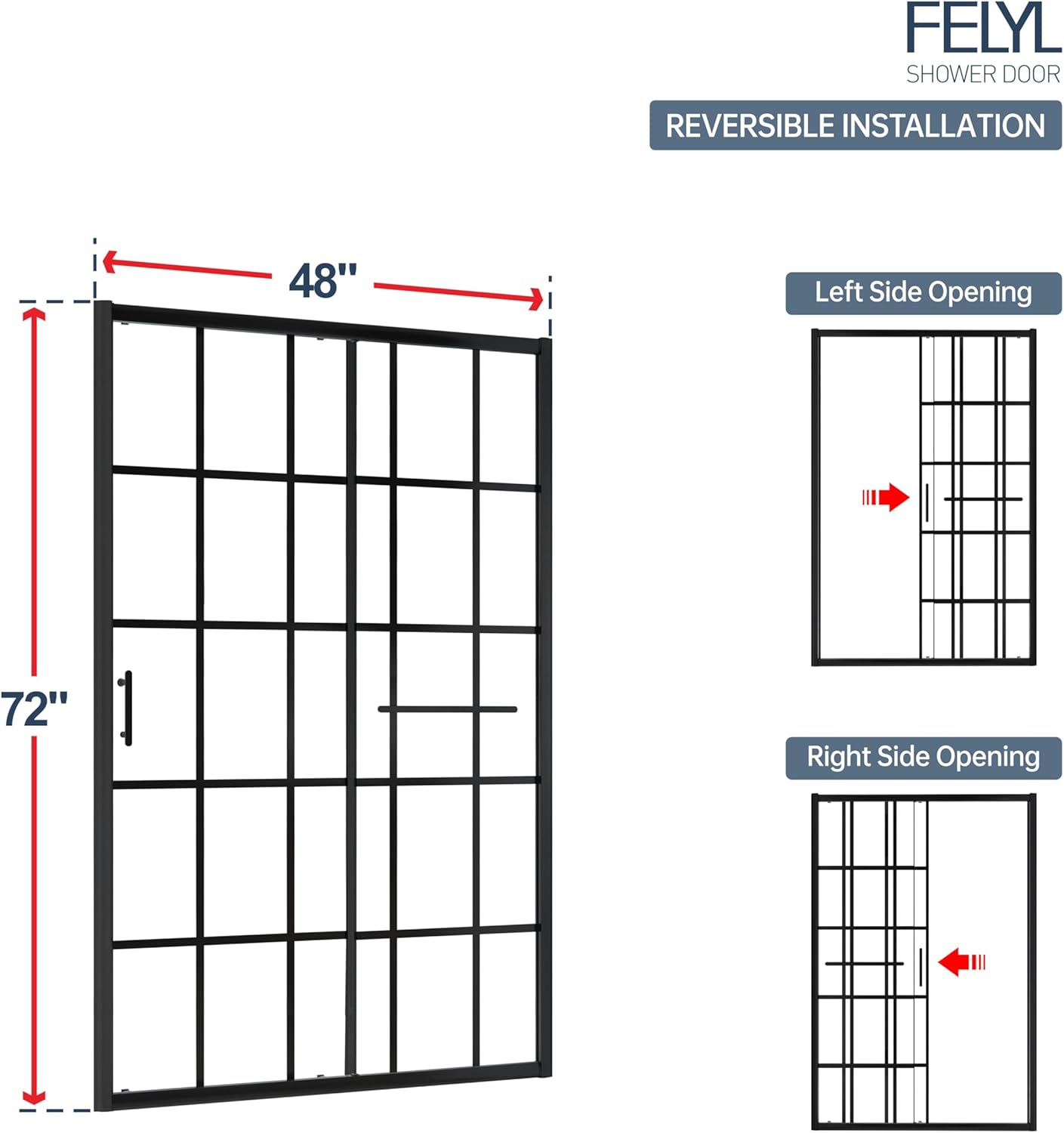 44-48" W x 72" H Framed Grid Pattern Single Sliding Shower Door with 1/4" (6mm) Clear SGCC Tempered Glass in Matte Black Finish, Reversible Installation