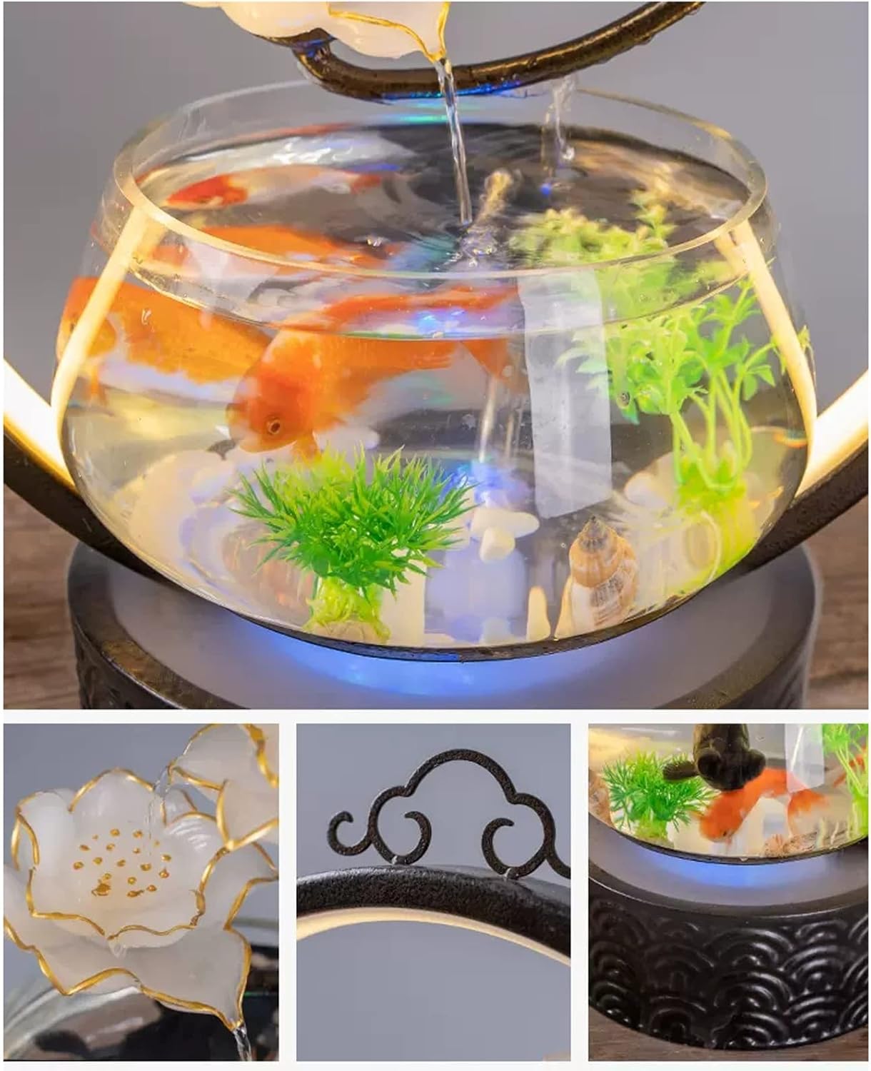 Tabletop Fountain Indoor Lotus Design Tabletop Water Fountain Indoor Waterfalls Fountains for Home Indoor Decoration Table Desk Office Wwith LED Light and Small Glass Aquarium Decor Fountains