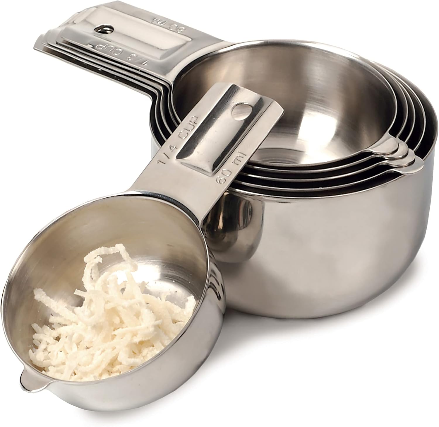 RSVP International Endurance (NCP-6) Stainless Steel Measuring Cups, Set of 6 | 1/4 Cup to 1 Cup Measurements | Nest for Easy Storage | Dishwasher Safe | Dry or Liquid | Baking or Cooking,Medium