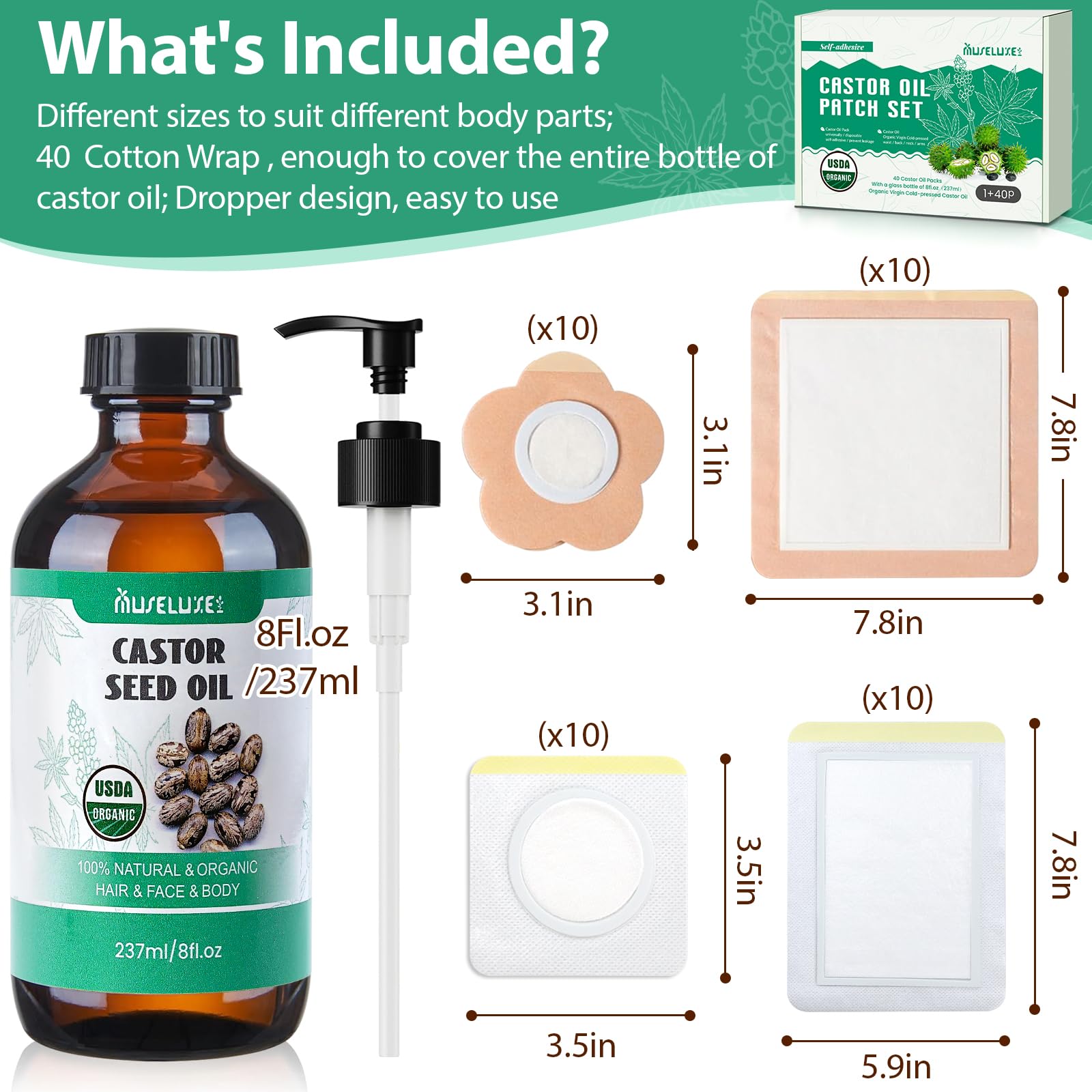 40 Pcs Castor Oil Patches with Castor Oil Organic Cold Pressed Unrefined Glass Bottle(8oz),Cotton Caster Oil Pack Wrap for Waist Back Neck Arm Belly,Self-Adhesive for Convenient Use