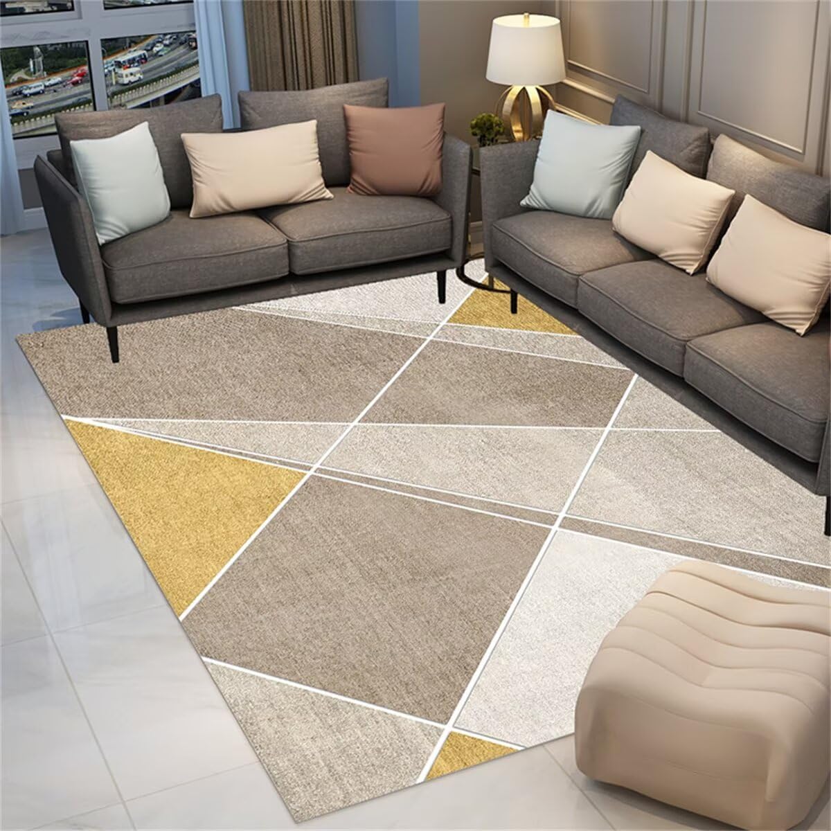 Tapis de chambre lavable jaune gris deco salon moderne geometrique