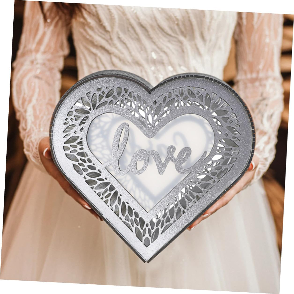 LIFKOME Wooden Heart-shaped Card Box with Hollow Design and Glitter Finish, Anniversary and Wedding Reception Envelope Money Card Container for Greeting and Blessing Collection