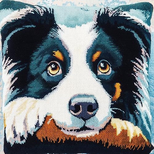 WallustrioaW Animal Dog Latch Hook Pillow Cover Kits Latch Hook Cushion Kit,Border Collie,DIY Pillow Cover Making Craft Printed Canvas for Beginners Embroidery Pillow,17x17inch