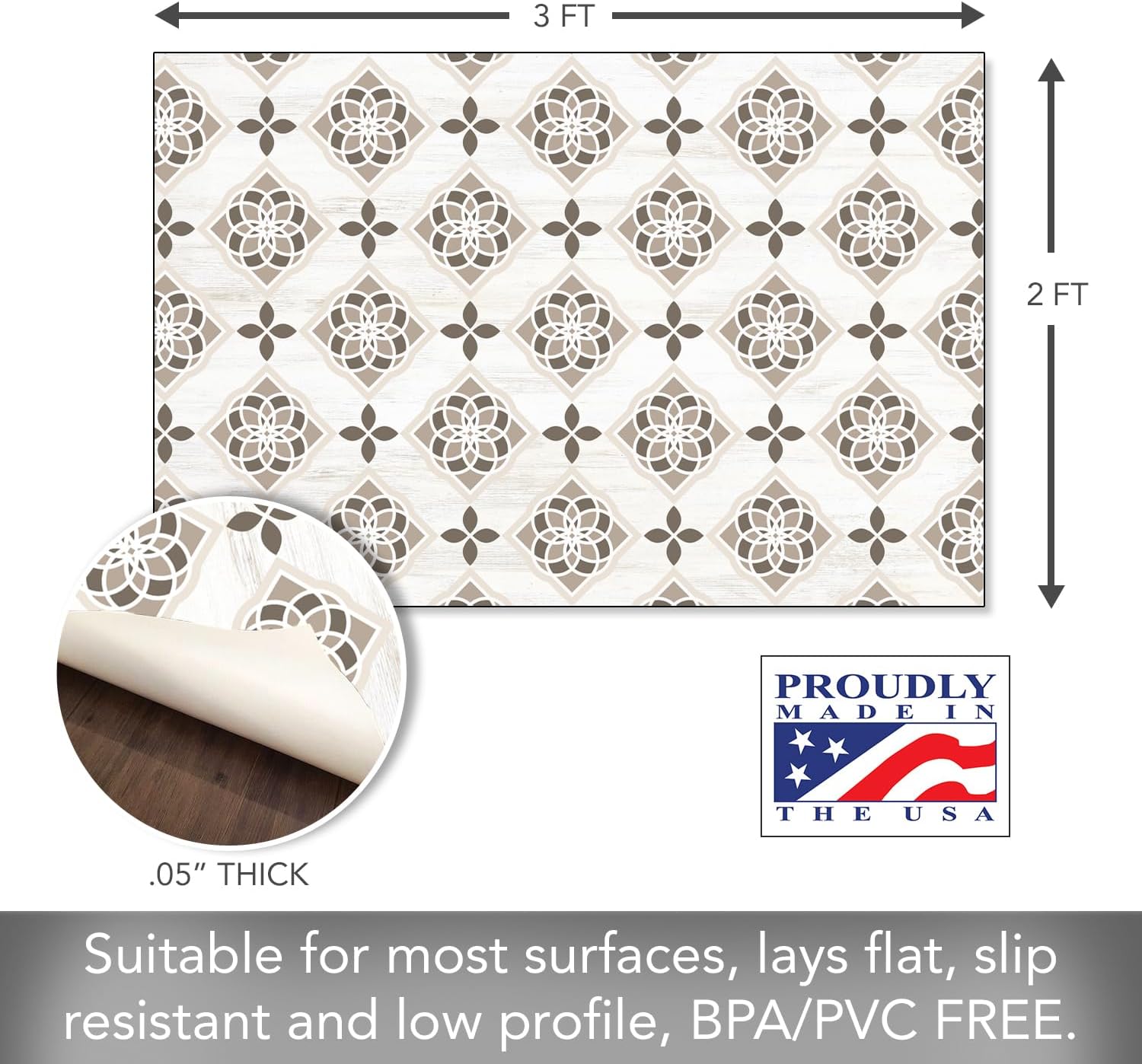 Neutral Tile Design Deco-Floormat, Decorative Mat, Designer Rug, Waterproof, Low Profile, Eco-Friendly Non Slip, Made in The USA (3' x 2')