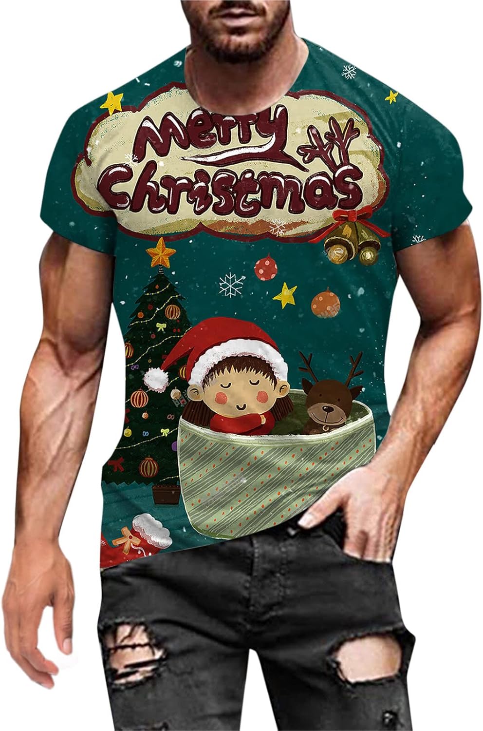 ZDDO Christmas Men's Designer Short Sleeve T-shirts, Street 3D Funny Xmas Santa Claus Graphic Tee Novelty Party T Tops | 