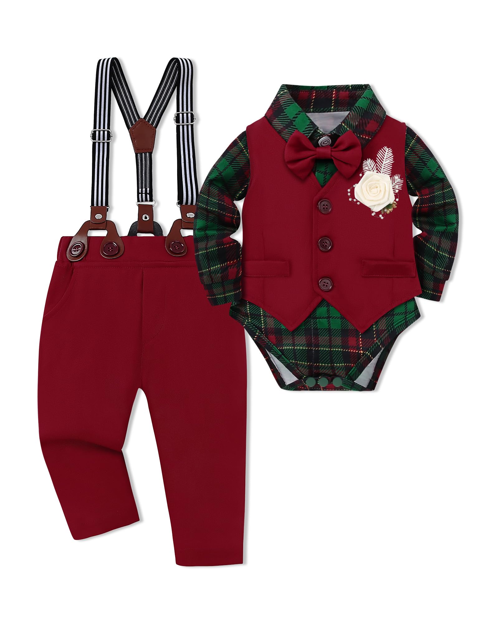 Baby Boy Clothes Suit Infant Gentleman Wedding Outfit Dress Shirt+Bowtie+Vest+Corsage+Suspender+Pants 6Pcs Set 0-24M