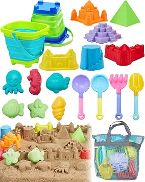 Beach Toys for Toddlers 1-3, Beach Toy Sand Toy for Kids Ages 4-8, 2 Collapsible Sand Bucket and Shovels, Mesh Bag, Sand Castle Animal Molds Sets, Travel Sandbox Toys for Toddlers Kids Age 3-10