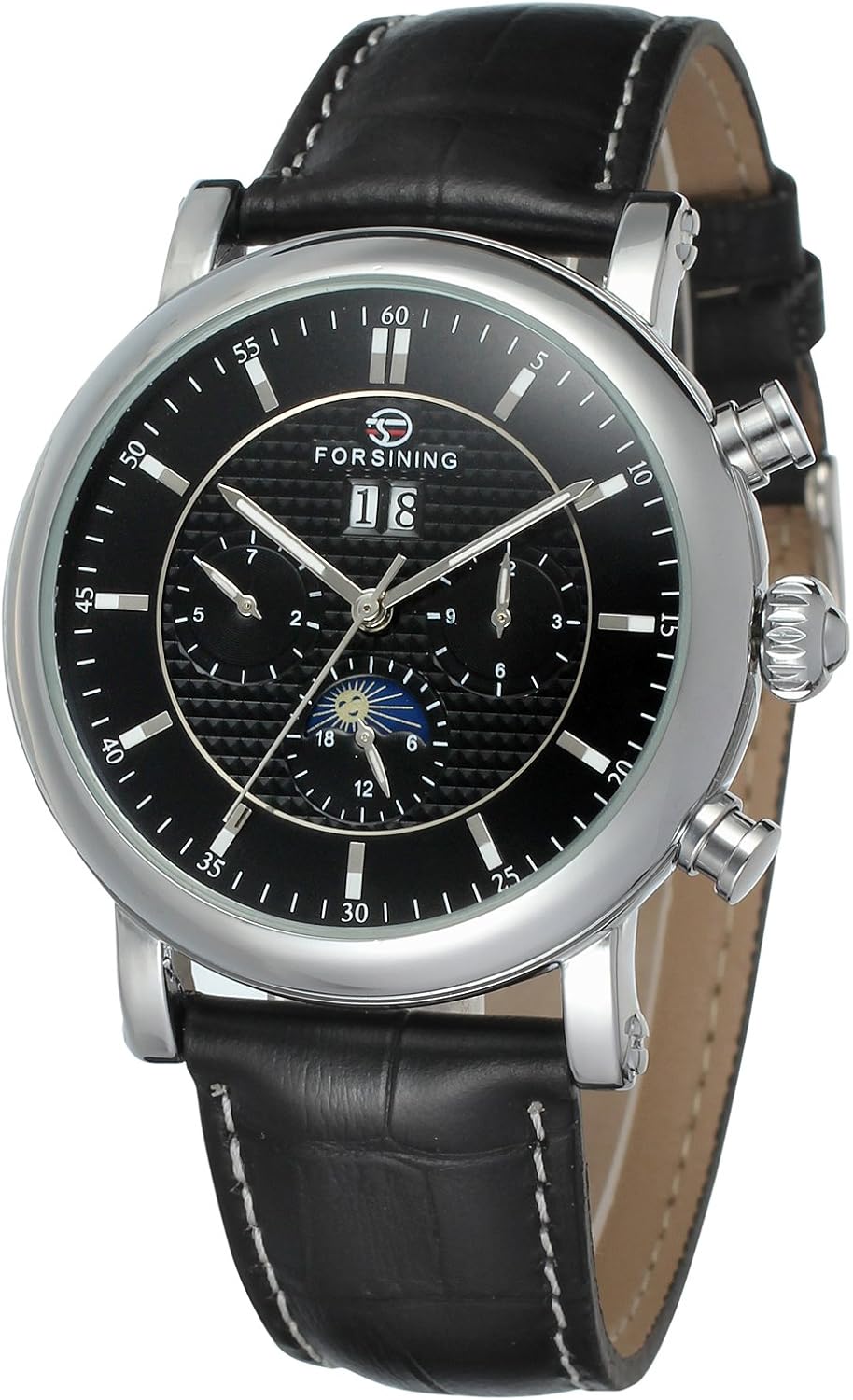 Forsining Men's Business Automatic Calendar Moon Phase Dail Brand Leather Strap Wrist Watch FSG553M3S2, Black