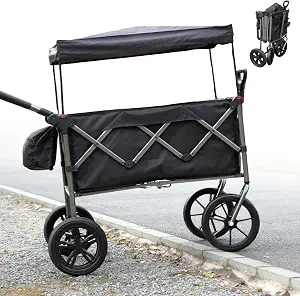 Kids Wagon with 12'' Big Front Wheels, All-Terrain Stroller with Foldable Design and Canopy