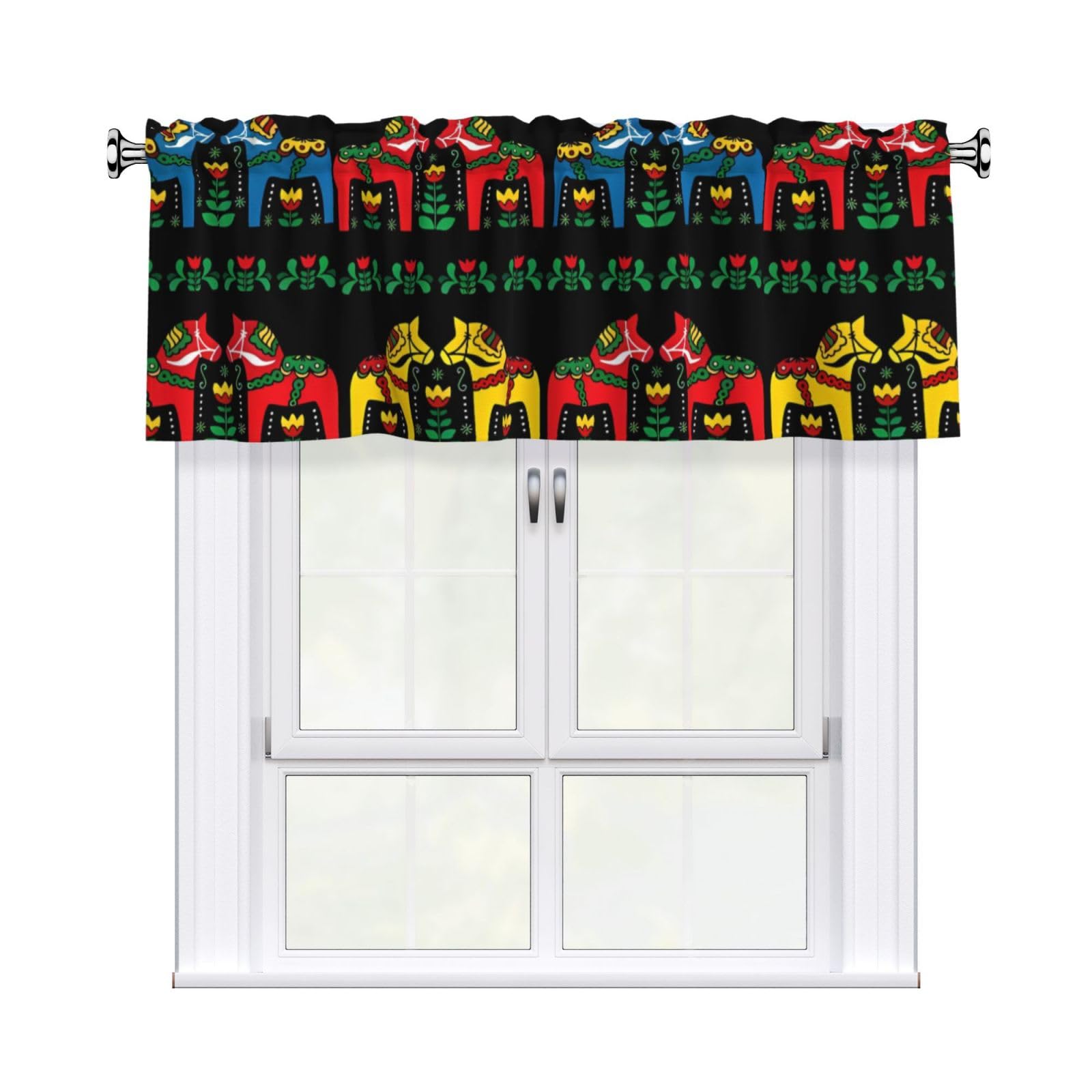 WHJSHOP Runner Swedish Dala Horse Folk Prints Curtain Valance 54x18in - Peach Skin Kitchen Window Layer, Filtered Light & Quick-Install Rod Pocket Cover