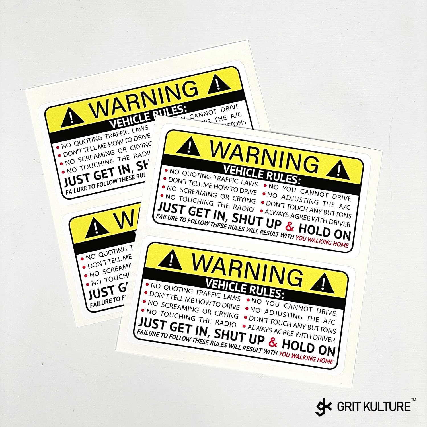 GRITKULTURE Funny Passenger Rules Vehicle Safety Warning Decal Stickers 2 Pack 1.8 inch X 3.7 inch Vinyl for Car, Dash, Truck, Window, Tumblers, Graphic Bumper for Laugh