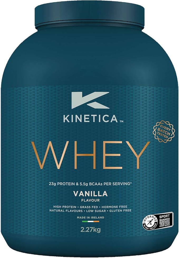 title=Kinetica Whey Protein in polvere, 76 dosi, vaniglia, 2.27 kg. Basso contenuto di