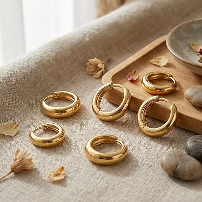 Gold Teardrop Hoop Earrings Set for Multiple Piercings Stacking, 18K Gold Plated Chunky Huggies 3 Pairs Pack, Hypoallergenic Lightweight Jewelry Gift for Women Sensitive Ears