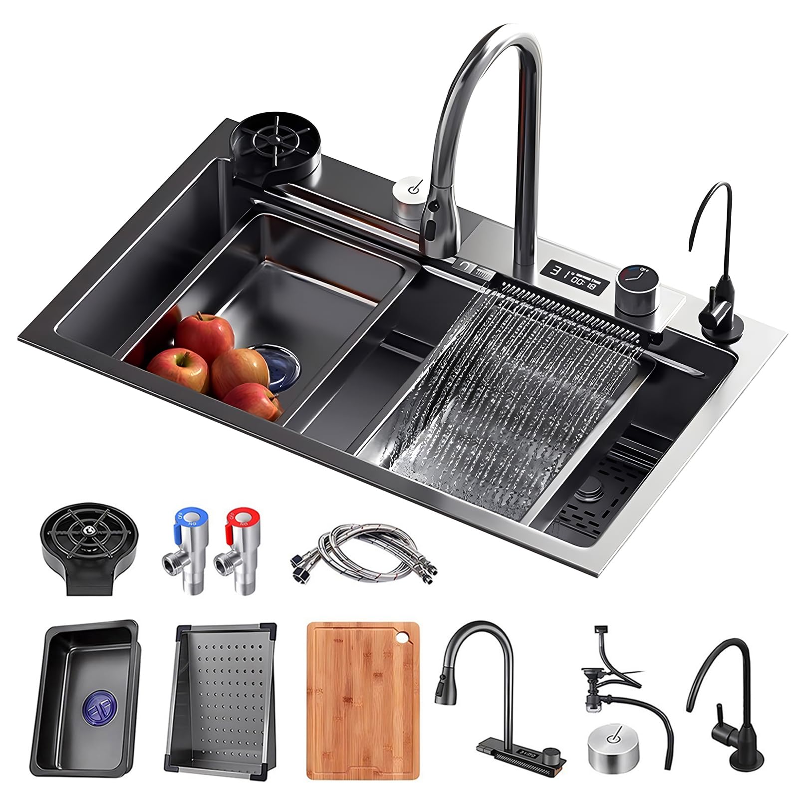 ZQFHSX Large Waterfall Kitchen Bar Sink With Pull Out Faucet, Drinking Tap, Cup Washer, Drain Knob, Kits, 304 Stainless Steel Rv Sink, Black Grey Workstation (Size : 75x46x22cm)