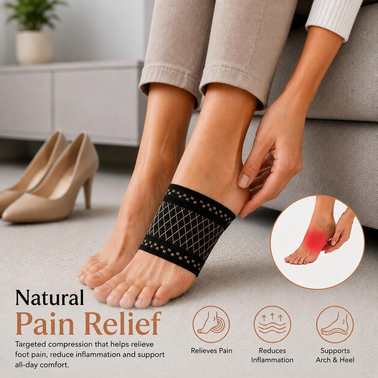 Copper Compression Arch Support Sleeves for Plantar Fasciitis, Foot Pain & Fallen Arches – Heel Support Bands for Flat Feet – Comfortable Compression Brace for Women & Men