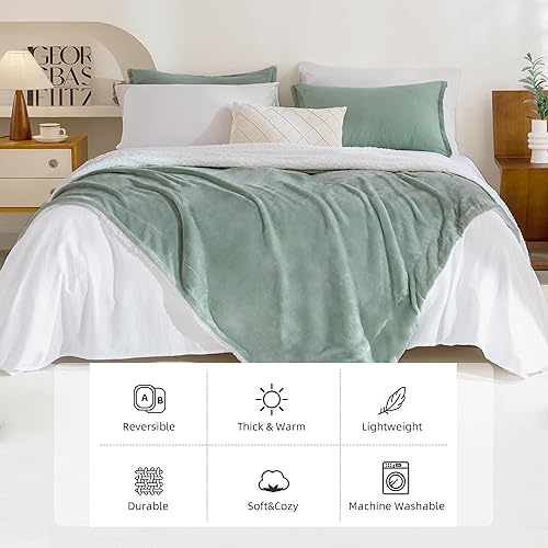 Miniatura 4 de Andency Manta para sofá  Manta de forro polar Sherpa suave, cálida y gruesa para invierno, color verde salvia, manta reversible de felpa para sofá y