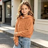 Girls Hoodies Sherpa Fleece Long Sleeve Cropped Khaki – product photo 4 of 6