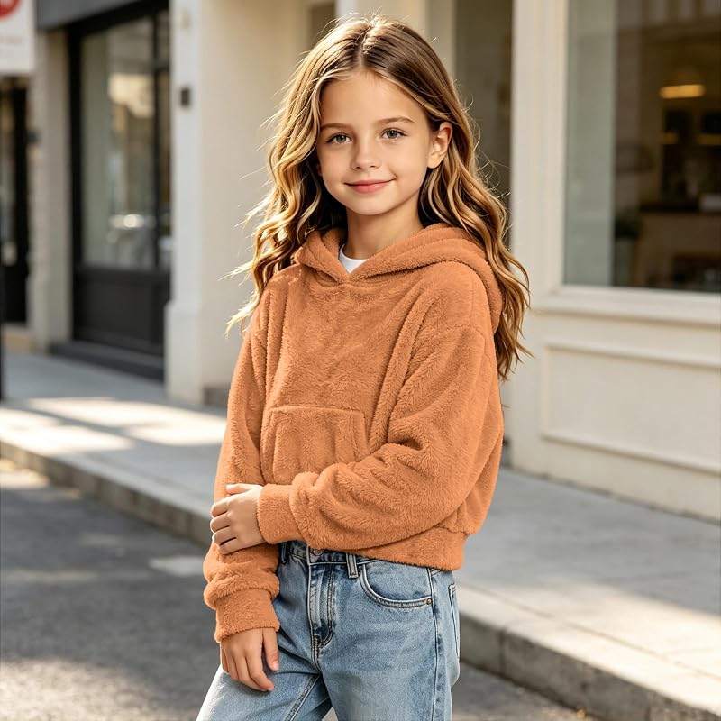 Girls Hoodies Sherpa Fleece Long Sleeve Cropped Khaki – product photo 4 of 6
