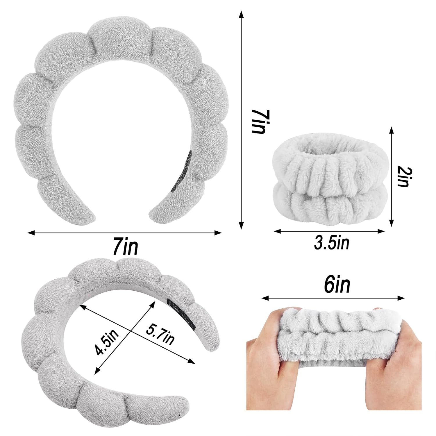  Spa Headband for Washing Face Wristband Set Sponge Makeup Skincare Terry Cloth Bubble Soft Get Ready Hairband for Women Girl Puffy Padded Headwear Non Slip Thick Hair Accessory(Grey-2) thumbnail