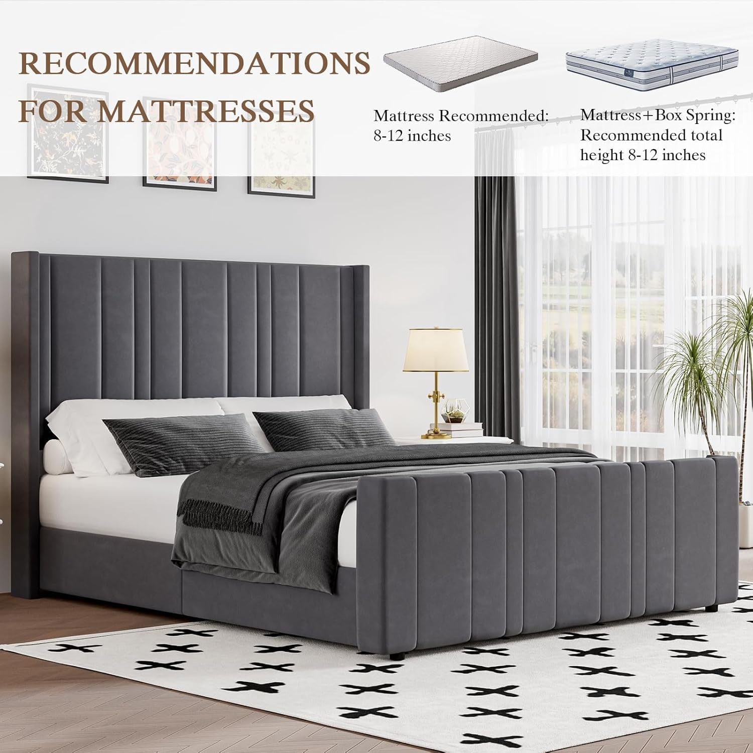 HOMBCK King Size Bed Frame Velvet Upholstered Bed with Vertical Channel Tufted Headboard & Footboard, Noise Free/No Box Spring Needed/Easy Assembly, Grey